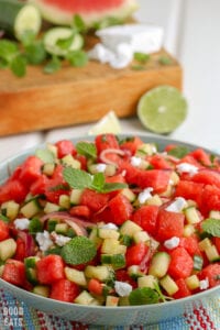 watermelon salad in a blue bowl