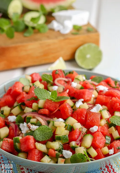 watermelon salad in a blue bowl