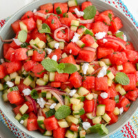 overhead view of watermelon salad