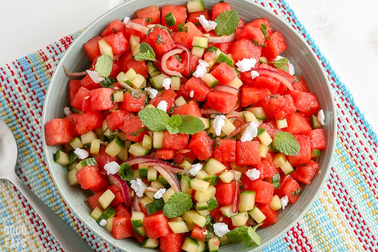 overhead view of watermelon salad