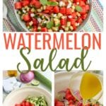 collage of images showing the steps to make watermelon salad