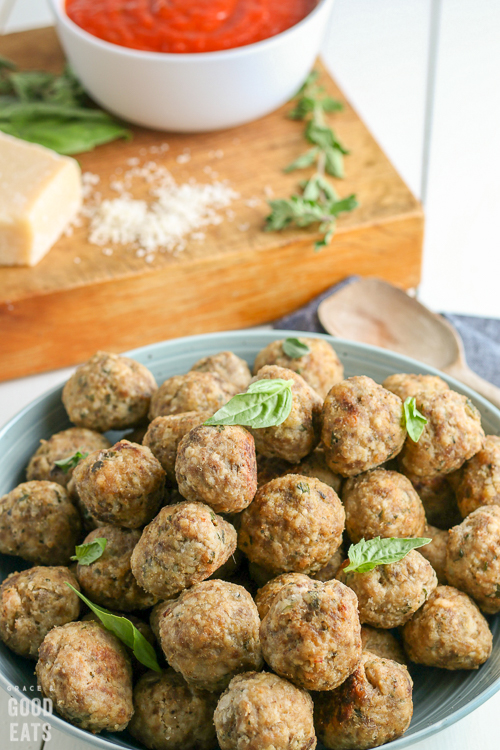 cooked meatballs on a blue plate