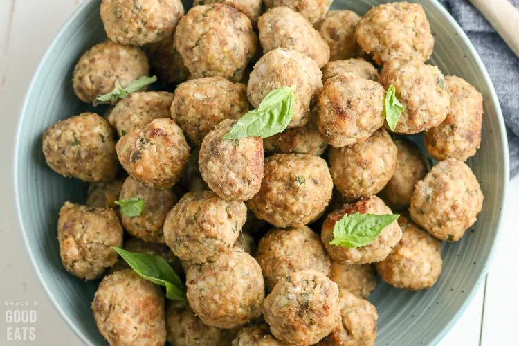 overhead shot of meatballs stacked on a plate