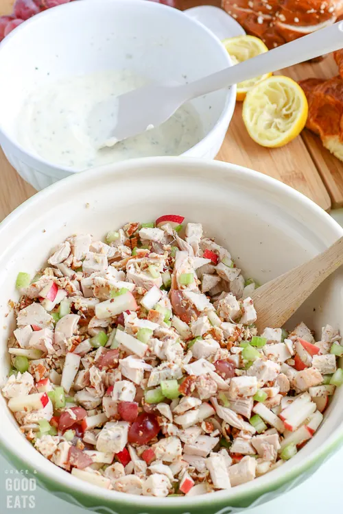 chopped chicken, apples, celery, pecans, and grapes mixed together in a white bowl