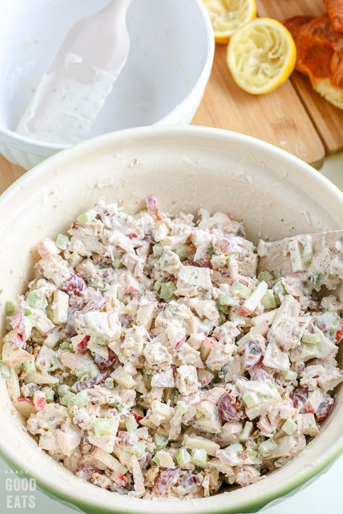 chicken, apples, pecans, celery mixed with mayonnaise and lemon juice in a white bowl