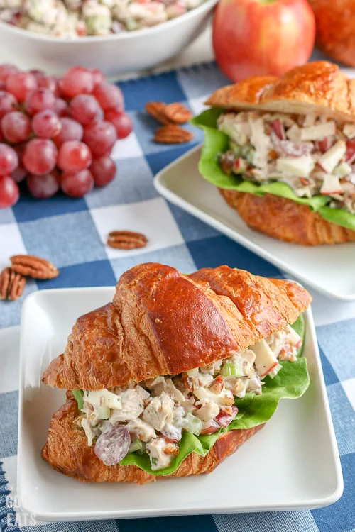 croissant with chicken salad and lettuce on a square white plate