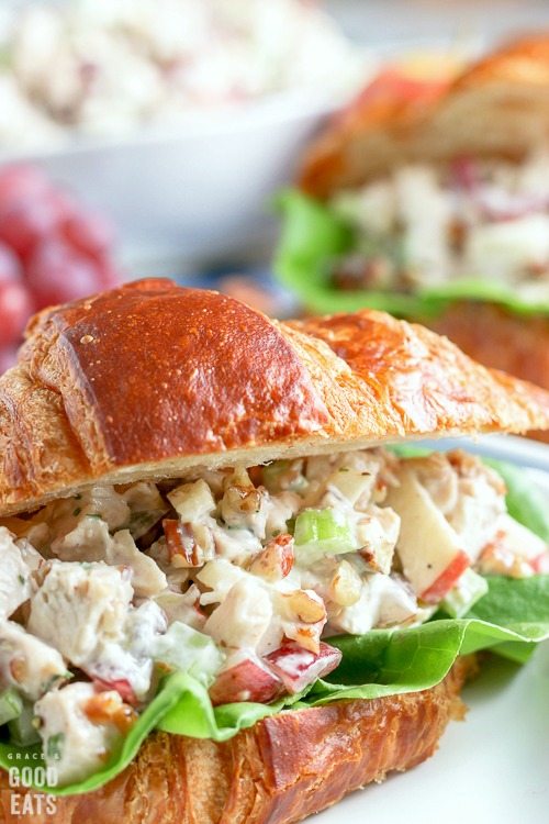 chicken salad recipe with grapes on a croissant