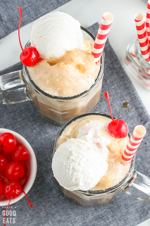 root beer floats on a blue linen napkin
