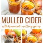 Mulled Cider is delicious fall drink made from a blend of mulling spices and apple cider.  I love to enjoy this warm, with my favorite pumpkin desserts, or with a splash of rum for a yummy adult version.