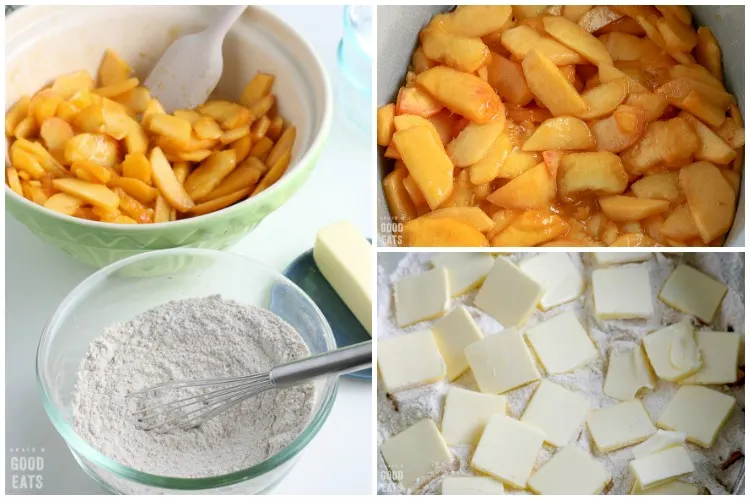 close up for sliced peaches, flour with butter, and a bowl of ingredients