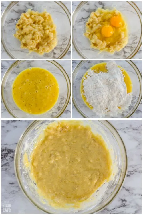 mashed bananas, eggs, and flour in a glass bowl