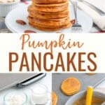 Pumpkin Pancake Recipe made with real pumpkin and seasonal spices. These pumpkin pancakes are perfect for fall with whipped cinnamon butter and maple syrup!