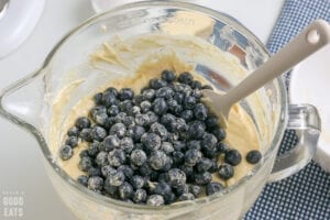 glass mixing bowl with blueberries
