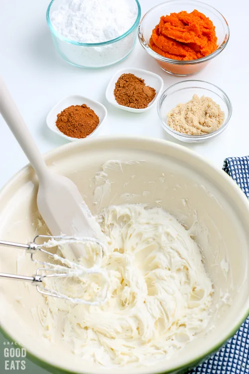 cream cheese mixed in a bowl