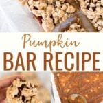 Pumpkin Bars Recipe made with pumpkin apple butter and a simple streusel crumb crust. These easy pumpkin bars come together quickly and are delicious with a dollop of whipped cream.