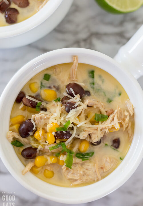 close up of a bowl of green chile chicken soup