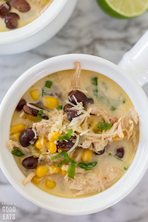 close up of a bowl of green chile chicken soup