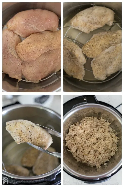 raw chicken in the Instant Pot, cooked chicken, tongs holding cooked chicken, shredded chicken in the Instant Pot