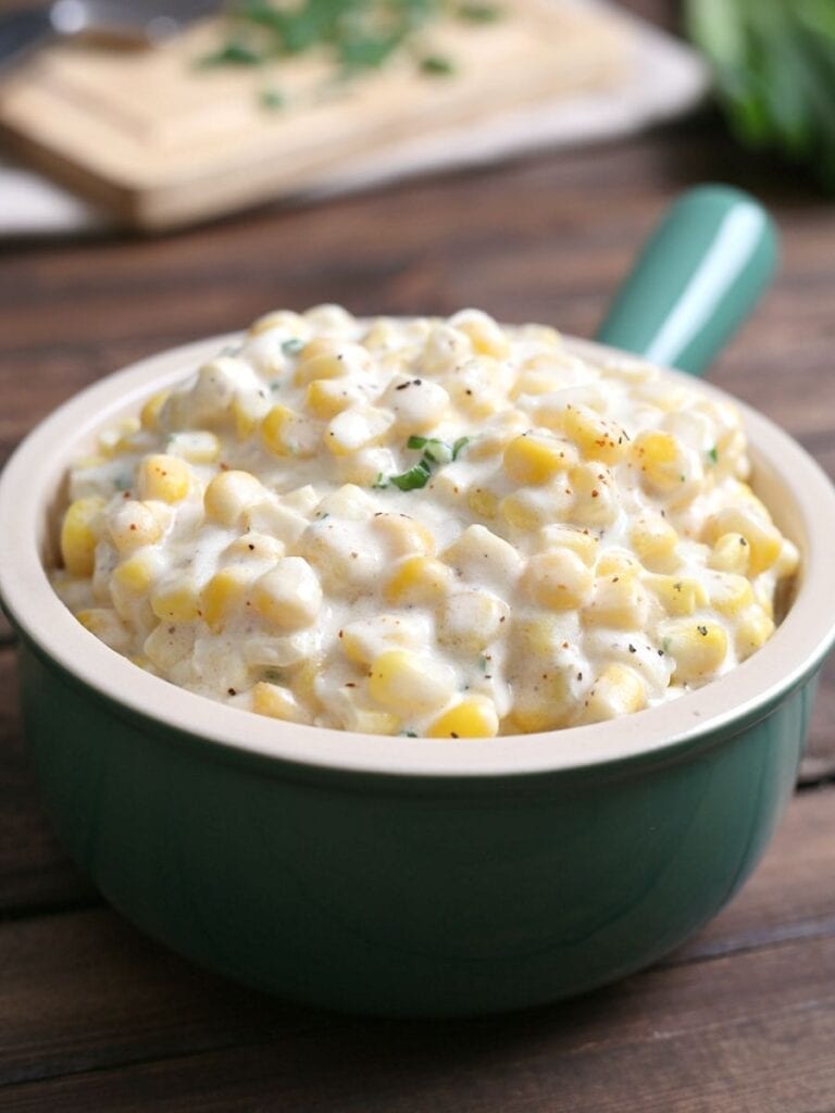creamed corn in a green bowl