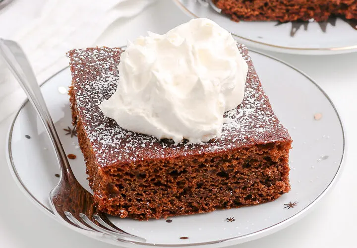 white plate with silver stars and a slice of gingerbread cake