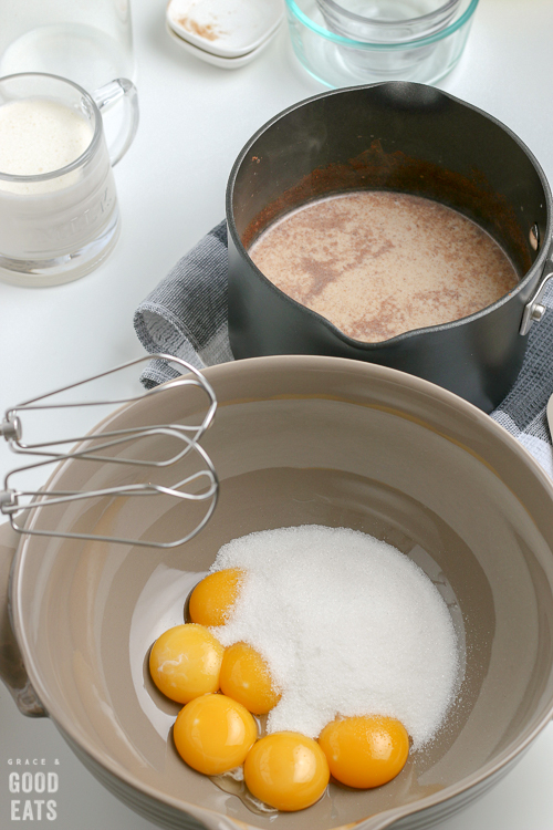 mixing bowl with egg yolks and sugar