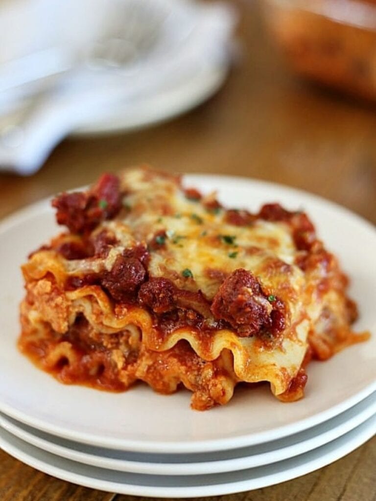 lasagna on a white plate