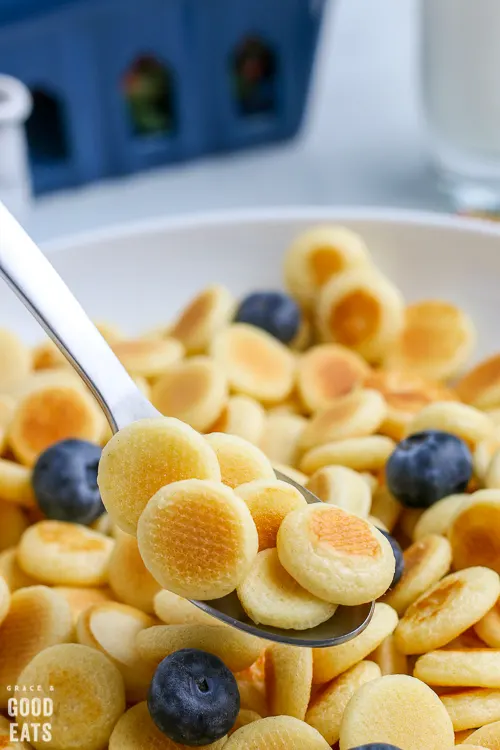 spoonful of pancake cereal with blueberries