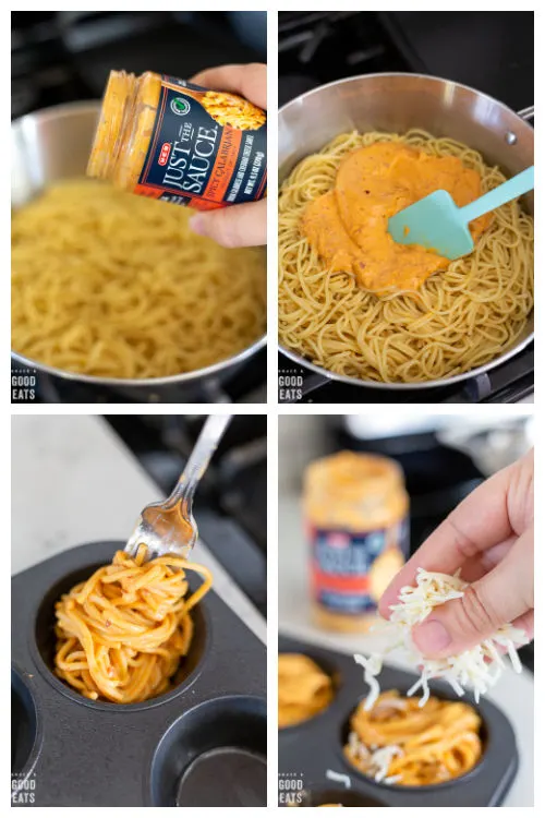 adding sauce to a skillet, mixing in sauce, adding cheese to noodles