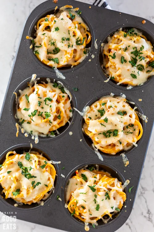 six spaghetti muffins