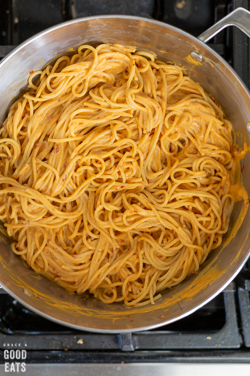 cooked spaghetti in a skillet