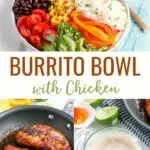 Make your own restaurant quality (or better) Chicken Burrito Bowl at home with this delicious recipe! These bowls are packed with a fresh flavors and filling protein.
