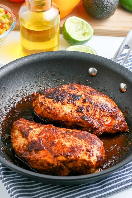 chicken breast that has been seasoned and cooked in a skillet