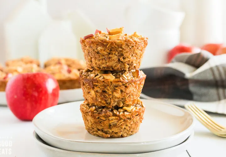 stack of three cinnamon apple oatmeal cups on a plate